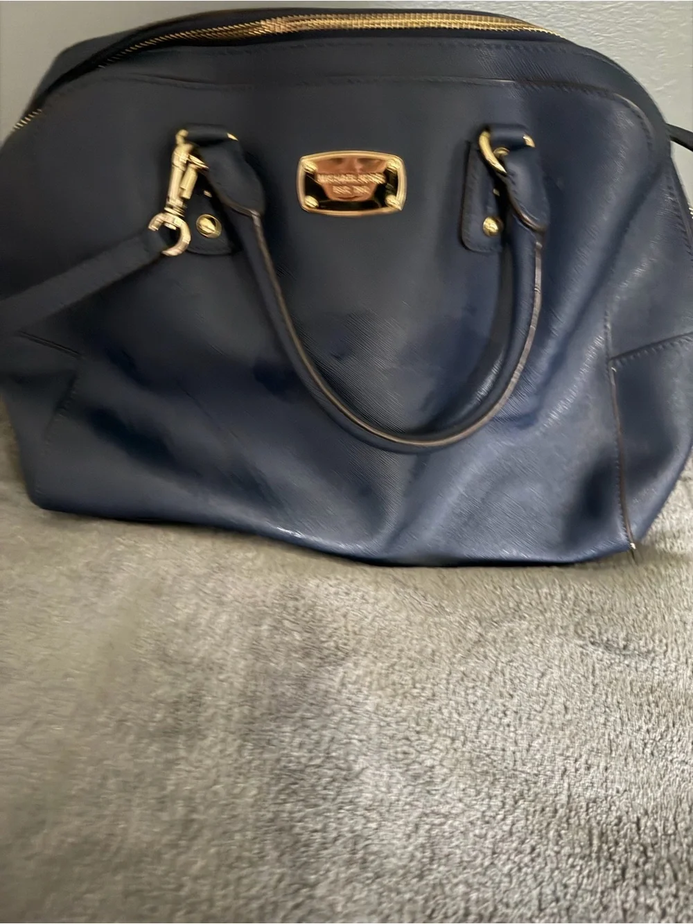 Michael Kors Navy Leather Satchel with Gold Plate